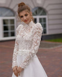 Runhufu O-Neck Tulle A-Line Wedding Dresses Long Puff Sleeves Princess Bridal Gowns Vestido De Noiva Plus Size