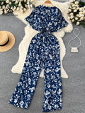 Runhufu Beach Summer Floral Jumpsuits Fashion V Neck Elastic Slim Short Sleeve 2024 Streetwear Vacation Retro Long Rompers