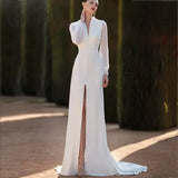 Runhufu Simple Long Sleeve Wedding Dresses 2023 Sexy V-Neck Side Slit Bridal Gown Charming Cut Out Back Elegant vestidos de noiva