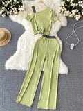 Runhufu Vacation Casual Sports Suits Summer Off Shoulder Short Camis Tops+High Waist Wide Leg Pants Women Y2K Two Pieces Sets