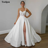 Runhufu A Line Satin Lace Wedding Dresses Appliques Beaded Sequines Split Bridal Dress Women Formal Special Party Bridal Gowns