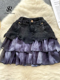 Runhufu Fashion Sexy Mini Skirt Women Chiffon Ruffled Edge Patchwork Denim Skirts American Vintage A Line Hotsweet Skirt