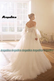 Runhufu Fancy Lantern Sleeves Wedding Dresses for Women Sweetheart High Slit Tulle Appliques A Line Sweep Train Personalised