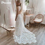 Runhufu Lace O Neck Sleeveless Sheath Boho Wedding Dress For Women Open Back Sweep Train Civil Bridal Gown