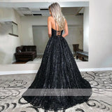 Runhufu Spaghetti Straps Floor-Length Pleats Black Sequins Tulle A-Line Evening Dresses Prom Gowns Robe De Soiree