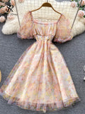 Runhufu Splice Mesh Floral Print Dress Women Summer 2024 Slim Elastic Waist Square Neck Gentle Ladies A Line Sweet Dresses