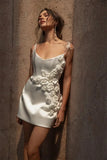 Runhufu Spaghetti Straps Wedding Dresses Short Sexy Satin 3D Flowers Mini Vestidos De Novia Dresses For Women