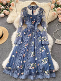 Runhufu Autumn Gauze Sweet Party Dress Women Embroidery Long Sleeve A Line Female Fashion Streetwear Long Print Evening Dress