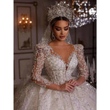 Runhufu Women's Wedding Dresses Elegant V-Neck Long-Sleeved Lace Applique A-Line Puffy Skirt Bridal Gowns Formal Beach Party Robe