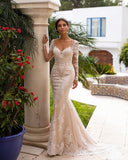 Runhufu Lace Appliqué Mermaid Wedding Dresses For Women Long Sleeve V-Neck Sexy Open Back Sweep Train Bridal Gown Vestidos De Noiva