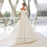 Runhufu Strapless Satin A-Line Wedding Dress Off The Shoulder Sweep Train Princess Bride Gown Plus Size Vestido de Noiva