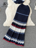 Runhufu New Summer Beach Knitted Two Pieces Suits Loose T Shirt+Long Skirt Sets High Street Elastic Waist Striped Casual Sets
