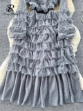 Runhufu Autumn Sweet Cake Dress Transparent Belt 2024 O Neck French Bow Design Diamonds Mesh Gentle Temperament Long Dress