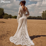Runhufu V Neck Flare Sleeves Lace Wedding Dresses for Women Long Ruffles Tassels Bride Dress Backless Vintage Outfit Bridal Gown
