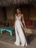 Runhufu Wedding Dress Sexy Slit Beach Wedding Dress V Neck Bridal Gown Spaghetti Strap Chiffon Backless Vestido De Noiva Brautkleid