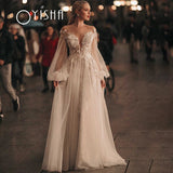 Runhufu V-Neck Puff Sleeve Wedding Dress 2023 A-Line Lace Appliques Modern Backless Bride Gown Tulle Sweep Train Robe De Mariée