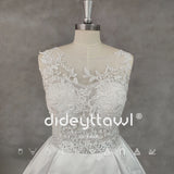 Runhufu Real Picture O-Neck A-Line Appliques Sleeveless Satin Wedding Dress Lace Up Back Court Train Bridal Gown Custom Made