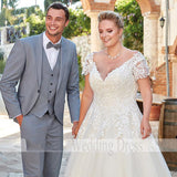 Runhufu Ladies Plus Size Dubai Arabian Lace Appliqué Wedding Dress Sweeping Train Sexy V Neck Custom Bridal Dress 2023 Robe فستان