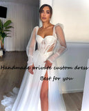 Runhufu Tulle A Line Wedding Dresses Long Sleeve Sweethart Sexy Corset Boho Bridal Gowns with Slit Beach Bride Dress with Train