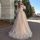 Runhufu a Line applique wedding dress Simple Lantern sleeve tulle plus size covered button Bohemian Beach Princess bridal dress