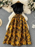 Runhufu Ruffled Sleeveless Print Party Dress Summer Design Skinny A Line Temperament Women Retro 2024 Floral Evening Dress