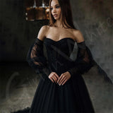 Runhufu Line Off The Shoulder Wedding Dress Princess Black Tulle Wedding Gown Lace Up Back Bridal Gown §ã§ӧѧէ֧ҧߧà§Ö §á§ݧѧä vestido de novia