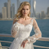 Runhufu Tulle Wedding Dresses 2023 A-Line Sheer O-Neck Lantern Long Sleeve Appliques Beach Bridal Gown Lace-Up Floor Length