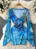 Runhufu Summer Hollow Out Beach Dress Women Long Sleeves Bow Slim Bodycon Sundress Hliday 2024 Transparent Sexy Short Dress