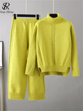 Runhufu Women Casual Fashion Sweater Sets Turtleneck Loose Thick Knit Top+Elastic Wide Leg Long Pants Winter Two Pieces Suits