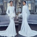 Runhufu Elegant O-Neck Long Sleeve Button Satin Wedding Dresses 2024 Pleated White Sweep Train Mermaid Bridal Gowns for Women