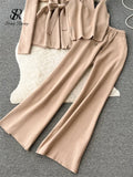 Runhufu Office Lady Three Pieces Suits Loose Belt Cardigan+Tank Tops+Drawstring Wide Legs Long Pants Autumn Fashion Solid Sets