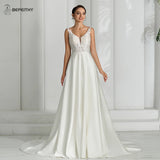 Runhufu V Neck Sexy Backless Satin Ivory Wedding Dresses For Women Sleeveless 2024 Lace Bodice Sweep Train Boho Bridal Gown