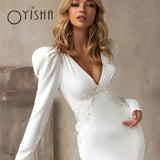 Runhufu Sexy V-Neck Pleated Wedding Dress Vintage Lace Applique Long Sleeve Bride Gown Elegant Mermaid vestido de noiva For Bride