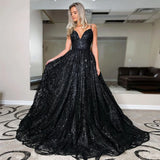 Runhufu Sparkly Black Wedding Dresses Formal Lace V-Neck Straps Glitter A-Line Backless Bridal Dress