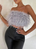 Runhufu Vintage Furry Feathers Bandeau Tube Tops Summer Chic Women Off-Shoulder Crop Tank Tops Strapless Backless Bustiers Tops