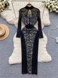 Runhufu Women Sheer Mesh Dress Embroidery Sequins Slim Long Sleeve Senior Fashion Hollow Out Half High Neck Elegant Sexy Dress