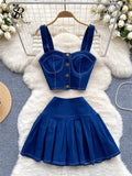 Runhufu Female Chic Retro Suits Strap Button Elasticity Short Tank+Pleated Mini Skirt Fashion Hotsweet Denim Two Pieces Set