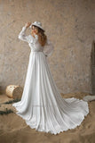 Runhufu Sweetheart Beach A-Line Wedding Dresses Long Puff Sleeves Side Slit Sweep Train Bridal Gowns Custom Size Robe de