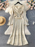 Runhufu Senior Court Party Fishtail Dress Fashion V Neck Lace up Slim Chic Women Elegant Flare Sleeves France Retro Sexy Dress