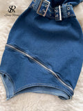Runhufu Strapless Sexy Denim Mini Dress Women Sleeveless Zipper Design Slim Sundress Streetwear Vintage Backless Bodycon Dress