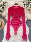 Runhufu 2024 Autumn Long Sleeves Bodysuits 2024 Women O Neck Open Crotch Velvet Slim Playsuits+Plush Sexy Mini Skirt Suits