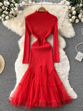 Runhufu Mesh Spliced Knitted Dress Women Long Sleeve Temperamant Midi Long Dress Winter Solid Party Fashtail Sweater Dress