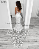 Runhufu Vintage Lace Mermaid Wedding Dresses Deep V-Neck Appliques Brush Train Bodycon Bridal Gowns Spaghetti Straps Bride Dress