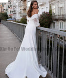 Runhufu Satin Mermaid Wedding Dresses Long Fuff Sleeve Women's Sexy Lace Beach Boho Bride Gowns Off The Shoulder Vestidos De Novia