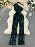 Runhufu American Retro Sequin Jumpsuit Diagonal Collar Solid Long Wide Legs Pants Romper Elegant Backless Sexy Party Jumpsuits