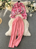 Runhufu Fashion Printed Suits Women Bow Collar Lantern Sleeve Floral Blouse+Belt Solid Long Pants Streetwear Senior Sets