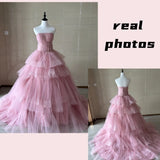 Runhufu Pink Ball Gown Wedding Dresses Classic Sexy Strapless Vestidos De Novia With Small Train Fashion Tiered Suknia Slubna