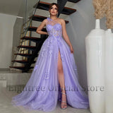 Runhufu Elegant A-Line Prom Dresses One Shoulder Appliques Side Slit Tulle Evening Dress Formal Cocktail Party Gowns Plus Size