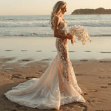 Runhufu Sexy Mermaid Wedding Dresses With 3D Lace Appliques Backless Beach Sleeveless Bride Gown Zipper Train Robe De mariée