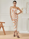 Runhufu Abstract Print Knit Strapless Bodycon Dress Vintage Off-Shoulder Bandeau Wrapped Long Dresses Beach Party Street Outfit